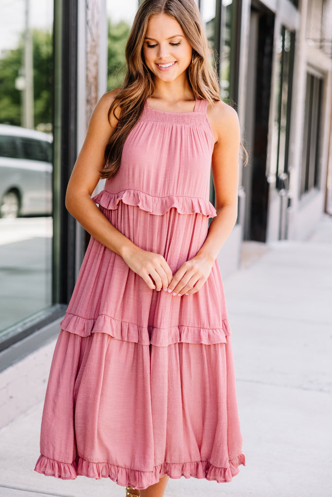 Boho Terracotta Pink Ruffled Midi Dress ...